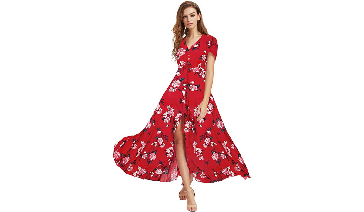 woman wearing floral red maxi 