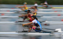 Yeji Kim of Republic of Korea competes in the Women's Single Sculls Heat 2 on Day 1 of the London 2012 Olympic Games at Eton Dorney on July 28, 2012 in Windsor, England. (Photo by Streeter Lecka/Getty Images)