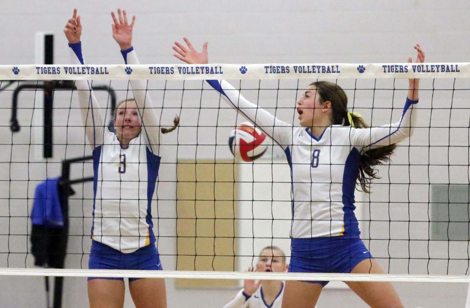 Howards Grove's Autumn Risch (3) and Samantha Yancy (8) weren't able to block the ball against New Holstein on Oct. 23, 2014, at Howards Grove.