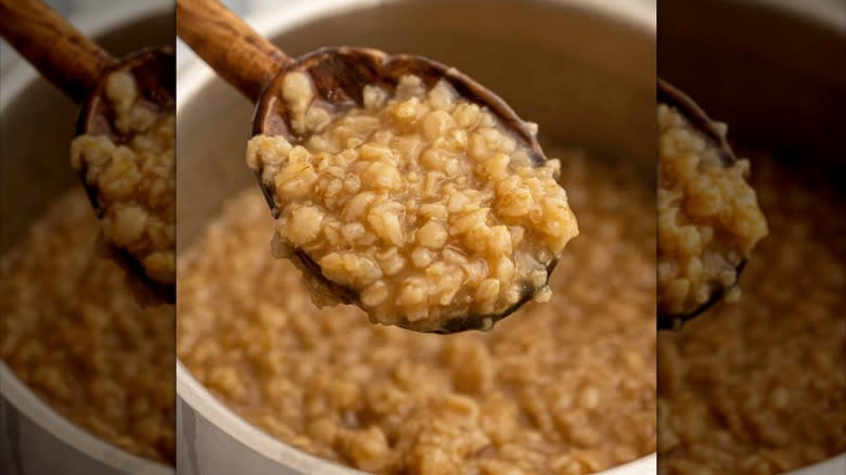 Wooden spoonful of maple brown sugar oatmeal