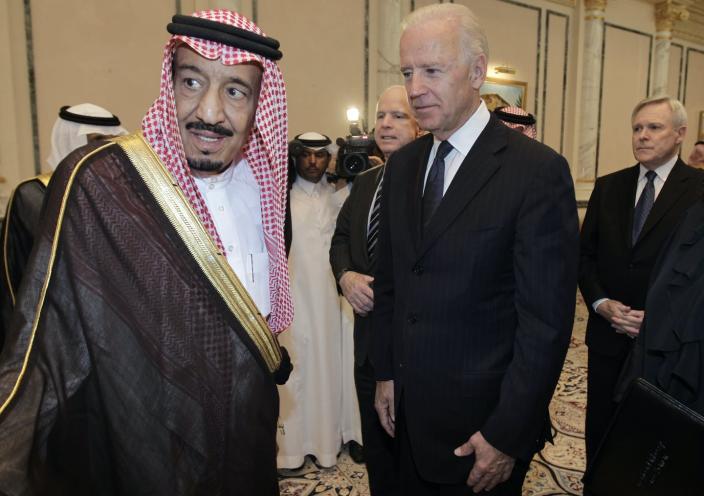 <span>Joe Biden, then-Vice President meets with King Salman bin Abdulaziz Al Saud in 2011.</span> <span><a href="https://newsroom.ap.org/detail/MideastSaudiArabia/a918933d4667472085279bc34fb0c78e/photo?Query=Biden%20bin%20Salman&mediaType=photo&sortBy=arrivaldatetime:desc&dateRange=Anytime&totalCount=14&currentItemNo=9" rel="nofollow noopener" target="_blank" data-ylk="slk:AP Photo/Hassan Ammar" class="link ">AP Photo/Hassan Ammar</a></span>