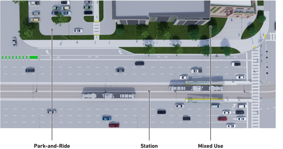 What a light rail line from Wellington to West Palm Beach Beach might look like on Okeechobee Boulevard. Trains would operate in the center median with a park-and-ride lot located nearby