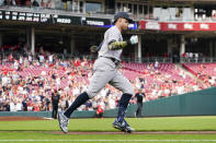 New York Yankees' Aaron Judge runs the bases after hitting a solo home run against the Cincinnati Reds during the first inning of a baseball game in Cincinnati, Friday, May 19, 2023. (AP Photo/Jeff Dean)