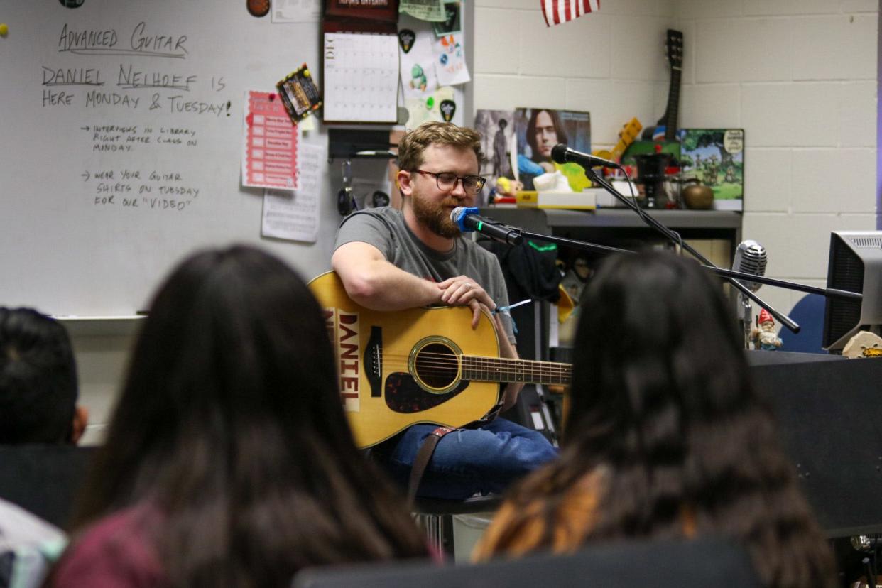 Emerging Singer/Songwriter Daniel Neihoff talks about his journey in music with the advanced guitar class at Salina South Middle School.