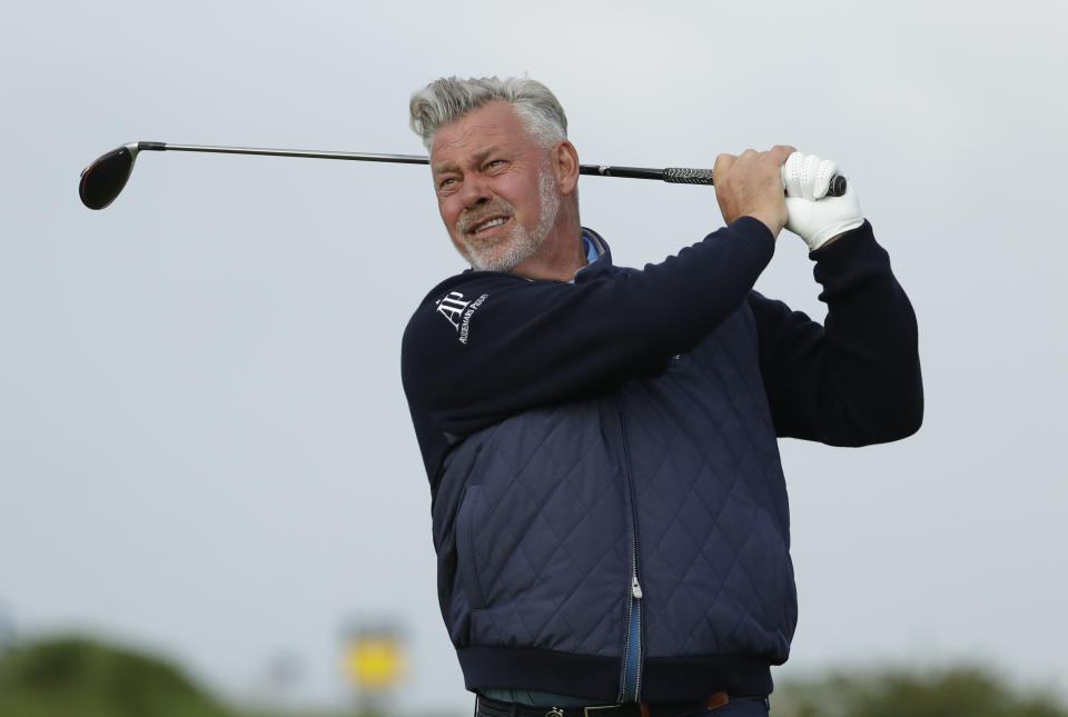 Northern Ireland's Darren Clarke tees of the 4th hole during the first round of the British Open Golf Championships at Royal Portrush in Northern Ireland, Thursday, July 18, 2019.(AP Photo/Matt Dunham)