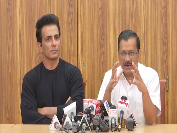 Delhi Chief Minister Arvind Kejriwal and Actor Sonu Sood at the press conference (Photo/ANI)