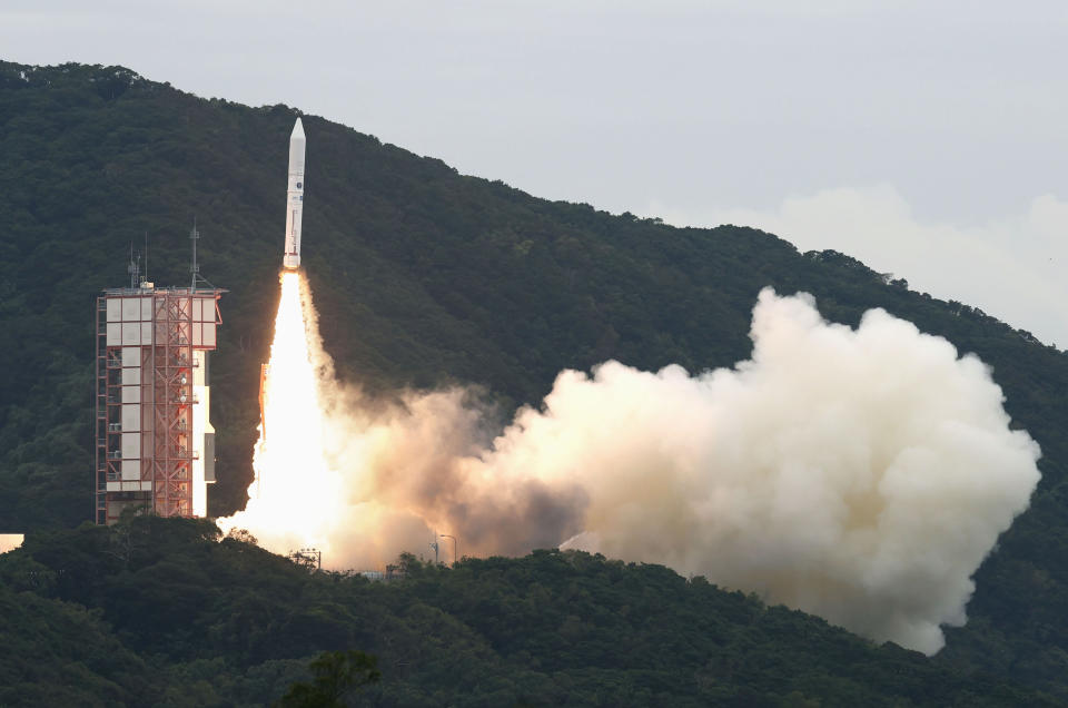 The Epsilon-6 rocket blasts off from the Uchinoura Space Center in Kimotsuki town, Kagoshima prefecture, southern Japan Wednesday, Oct. 12, 2022. The Japanese space agency said its rocket failed just after liftoff Wednesday and had to be aborted by a self-destruction command, in the country’s first failed rocket launch in nearly 20 years. (Kyodo News via AP)