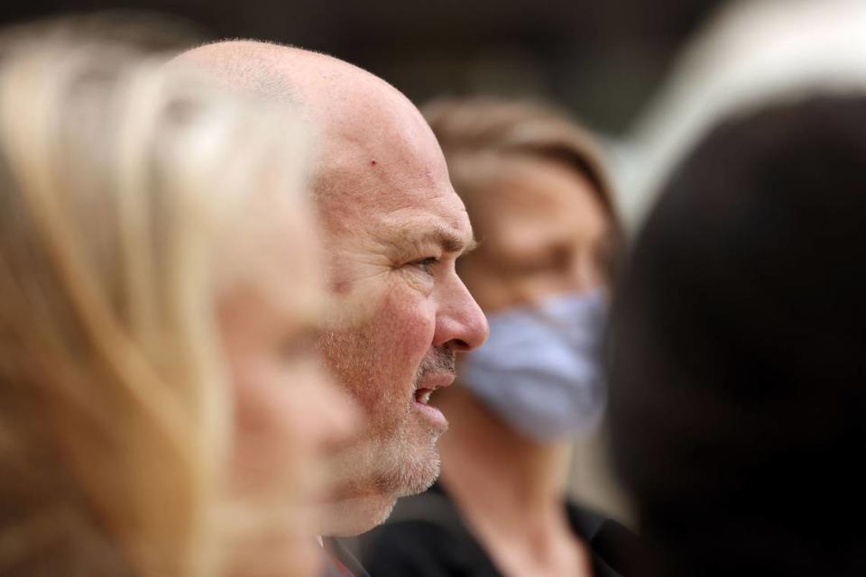 Attorney John Manly speaks during a press conference about the settlement in the case against University of Southern California gynecologist George Tyndall in 2021. Manly, who frequently represents victims of child sex crimes, was Trevor Martin’s attorney in the case against Father Michael Kelly.