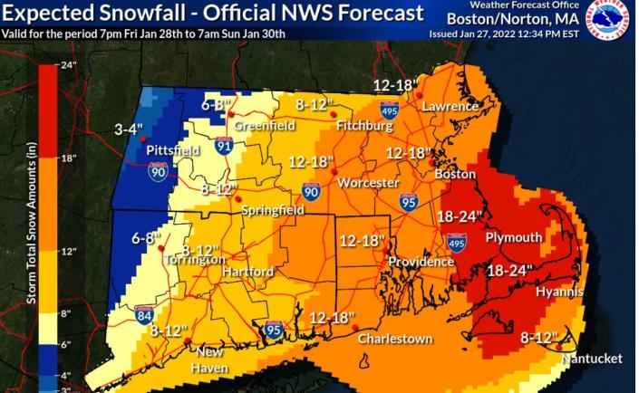 An updated National Weather Service map, issued at 12:34 p.m. Thursday, shows Rhode Island getting 12 to 18 inches and Cape Cod and Plymouth, Mass., getting 18 to 24 inches.