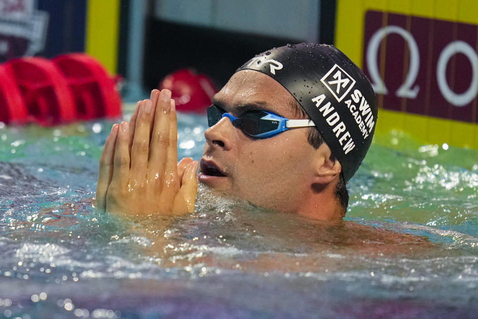 Michael Andrew celebrates after winning the men's 50-meter butterfly at the U.S. nationals swim meet in Indianapolis, Wednesday, June 28, 2023. (AP Photo/Michael Conroy)