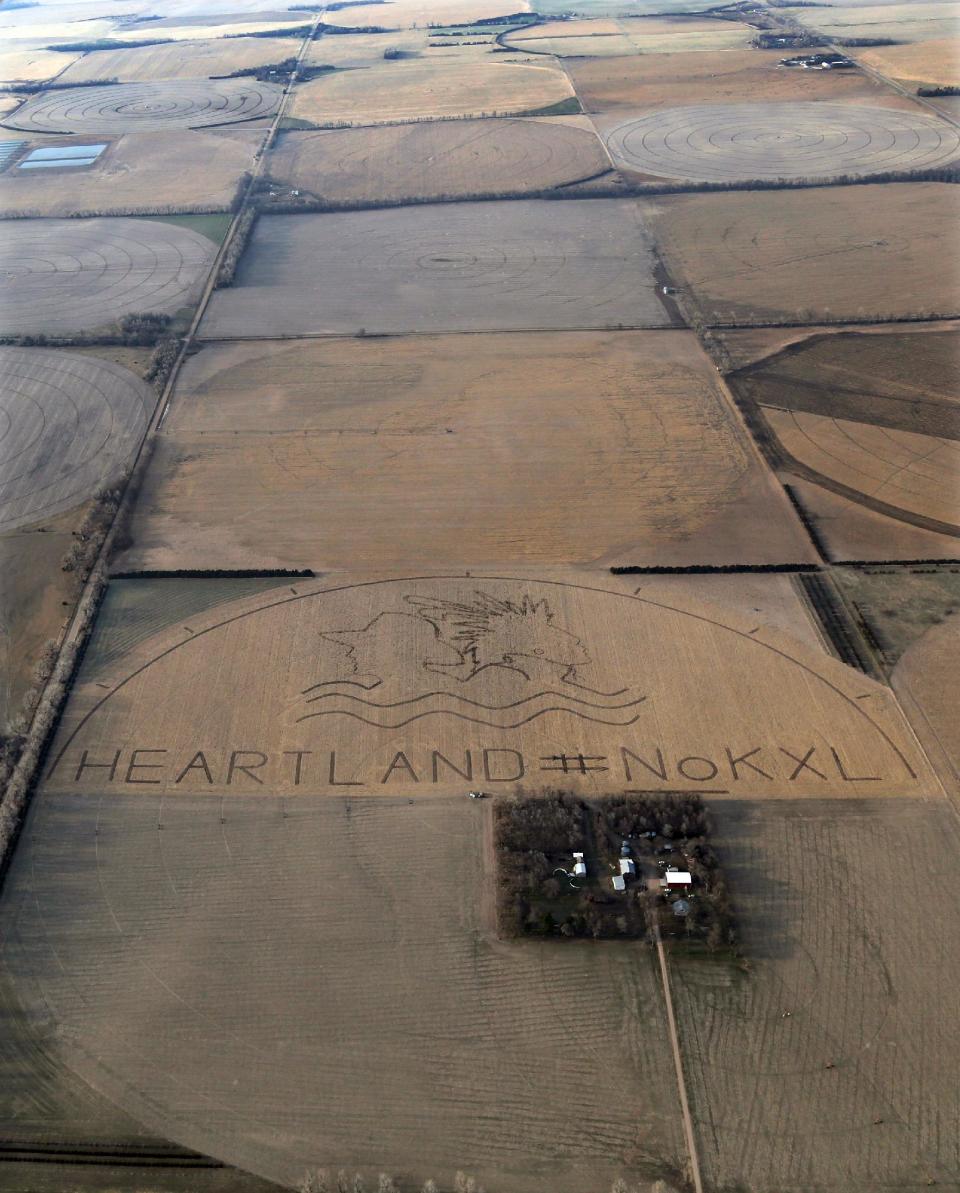 In this photo provided by Lou Dematteis, a huge crop art image protesting the proposed Keystone XL pipeline covers an 80 acre corn field outside of Neligh, Neb., on April 12, 2014. The image, which lies on the proposed pipeline route, was created by the farmers, ranchers and Native American tribes of the Cowboy and Indian Alliance in collaboration with artist John Quigley. (AP Photo/Courtesy of Lou Dematteis)