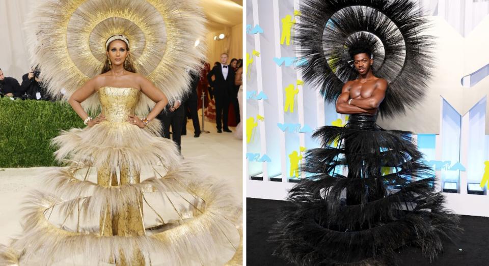 Iman at the 2021 Met Gala and Lil Nas at the 2022 MTV VMAs. (Getty Images)