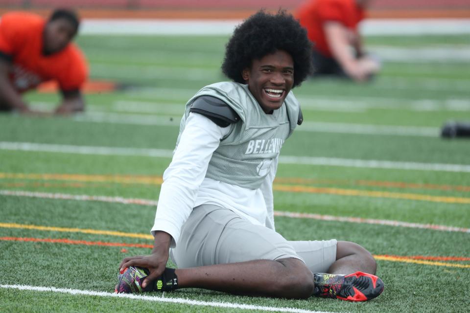 Belleville quarterback Bryce Underwood  stretches before practice Tuesday, August 15, 2023.