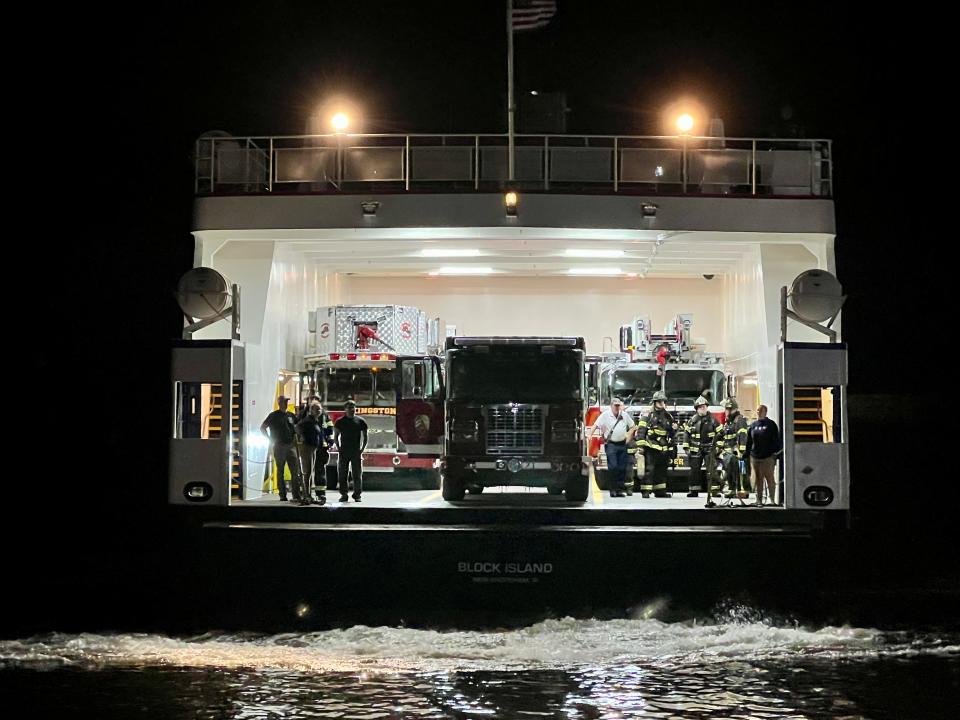 The Block Island Ferry docks in Old Harbor, loaded with fire trucks and personnel from the mainland to help fight the Harborside Inn blaze.