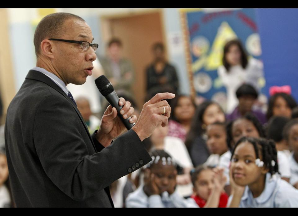 COMMERCIAL IMAGE - In this photograph released by HBO on Wednesday, May 2, 2012, Dennis M. Walcott, Chancellor of the New York City Department of Education, makes remarks about the importance of healthy eating to a group of students at P.S. / I.S. 155 Nicolas Herkimer School in Brooklyn, N.Y., in celebration of HBO