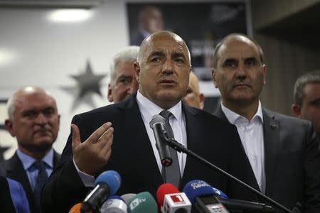 Former Bulgarian prime minister and leader of centre-right GERB party Boiko Borisov speaks during a news conference at the party's headquarters in Sofia, Bulgaria March 26, 2017. REUTERS/Stoyan Nenov