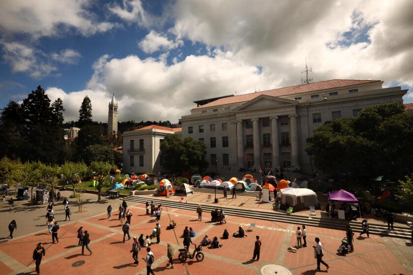 BERKELEY, CA - APRIL 26, 2024 - Students and concerned citizens camp out in front of Sproul