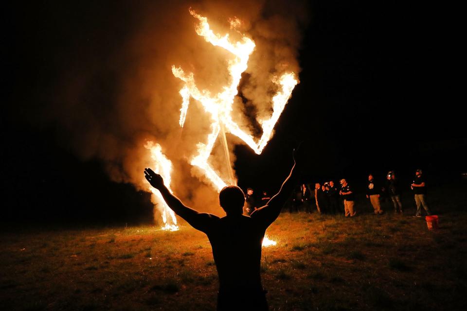 Members of the National Socialist Movement, one of the largest neo-Nazi groups in the U.S., rally in Draketown, Georgia, on April 21, 2018.