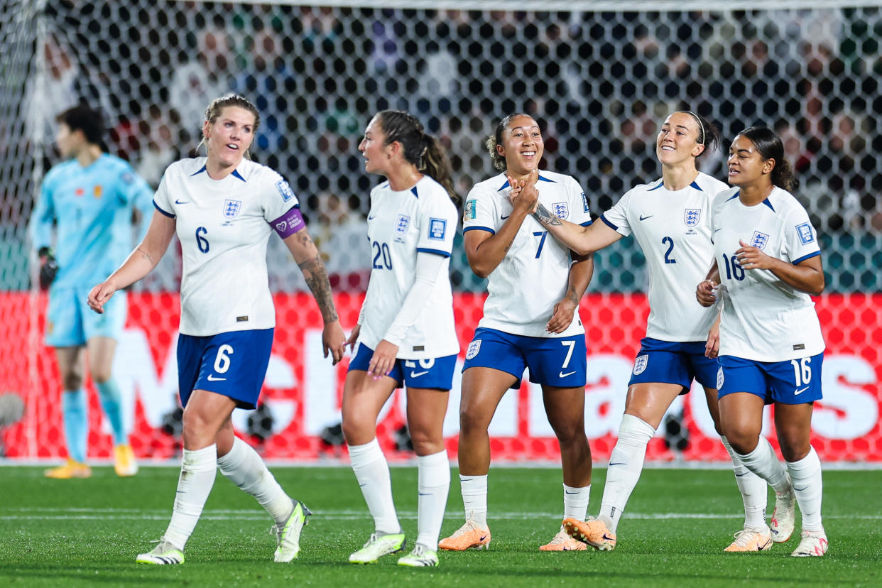 ADELAIDE, AUSTRALIA - AUGUST 01: Lauren James #7 of England celebrates with team mates after scoring her team's third goal during the FIFA Women's World Cup Australia & New Zealand 2023 Group D match between China and England at Hindmarsh Stadium on August 1, 2023 in Adelaide, Australia. (Photo by VCG/VCG via Getty Images)