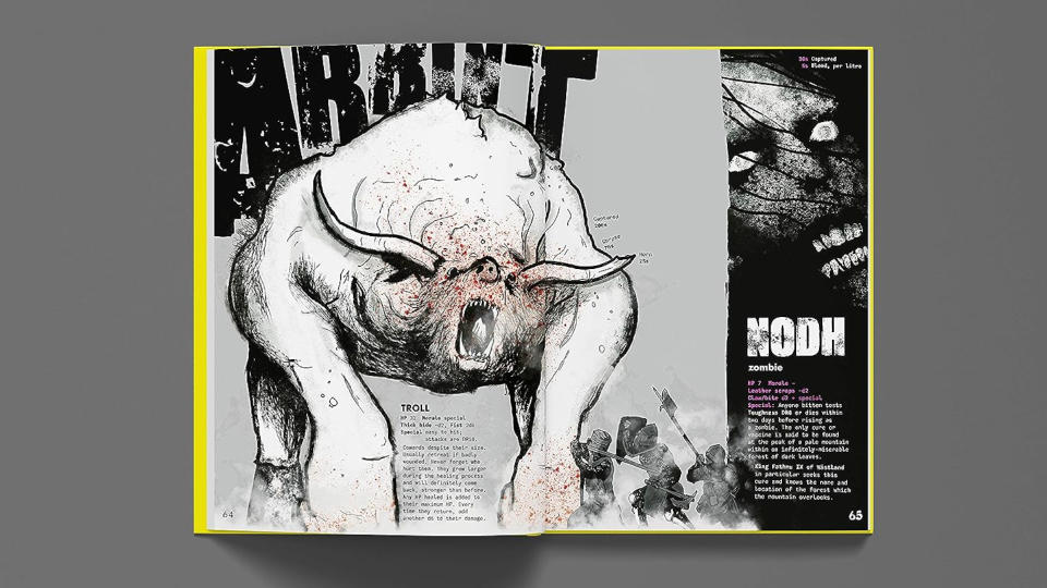 A large, horned monster roars in this two-page spread from Mork Borg