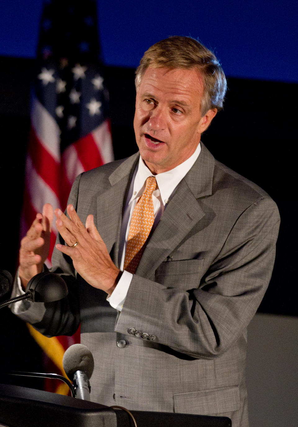 Gov. Bill Haslam speaks at a ceremony to launch the state's new college savings the Adventure Science Center in Nashville, Tenn., on Tuesday, Sept. 18, 2012. The governor later told reporters that said he approved Education Commissioner Kevin Huffman's decision to withhold $3.4 million in state funding from Nashville schools over a refusal to approve a charter school application. (AP Photo/Erik Schelzig)