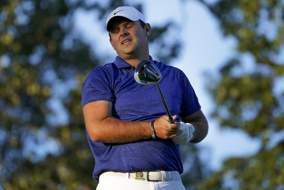 Patrick Reed, of the United States, reacts after playing his shot from the 17th tee during the third round of the US Open Golf Championship, Saturday, Sept. 19, 2020, in Mamaroneck, N.Y. (AP Photo/John Minchillo)