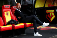 <p>Manchester City manager Pep Guardiola before the match REUTERS/Darren Staples </p>