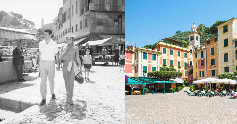 Eddie Fisher and Elizabeth Taylor stroll hand in hand in the market place at the piazza, still as glamorous as it was 50 years ago.  