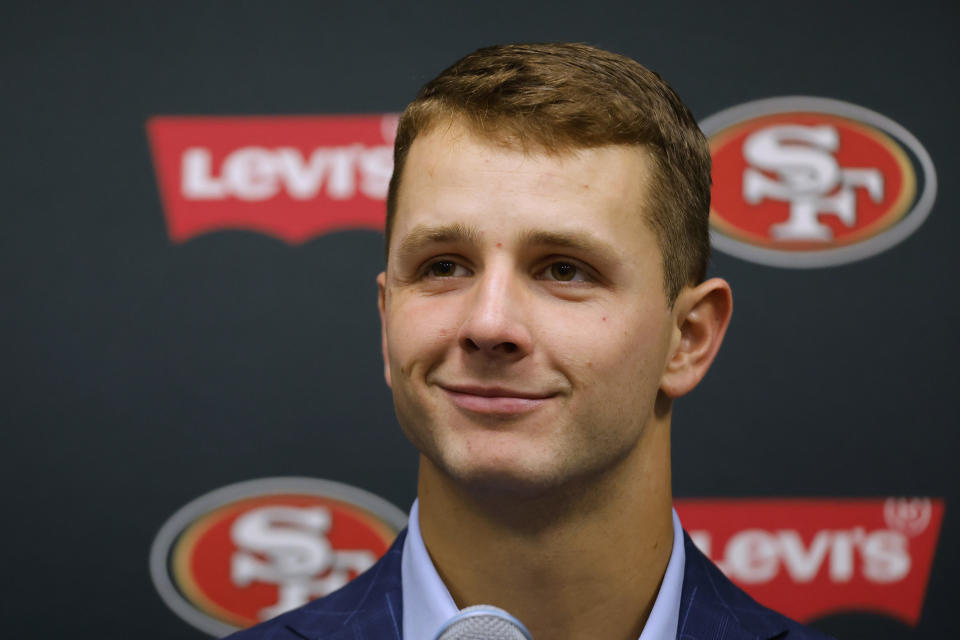 FILE - San Francisco 49ers quarterback Brock Purdy speaks during a news conference after an NFL football game against the Minnesota Vikings, Monday, Oct. 23, 2023, in Minneapolis. Brock Purdy is a finalist for The Associated Press 2023 NFL Most Valuable Player award. The winners will be announced at NFL Honors on Feb. 8.(AP Photo/Bruce Kluckhohn, File)