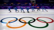 <p>Athletes practice during a speed skating training session at the Gangneung Oval Arena during the 2018 PyeongChang Winter Olympic Games in Gangneung on February 8, 2018. (Photo credit should read ARIS MESSINIS/AFP/Getty Images) </p>