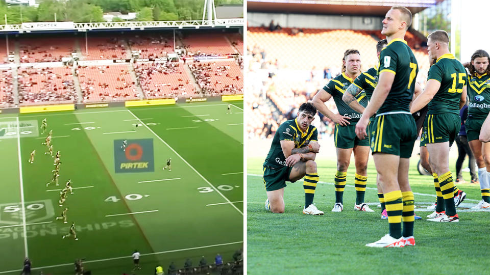 The virtually empty grandstand, pictured here for the Kangaroos and New Zealand clash in the Pacific Championship final. 