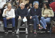 Comedian Larry David (2nd L) and talent agent Ari Emanuel (2nd R), co-CEO of William Morris Endeavor, attends the basketball game between Los Angeles Clippers and Golden State Warriors during Game Six of Round One of the 2019 NBA Playoffs at Staples Center on April 26, 2019 in Los Angeles, California. (Photo by Kevork S. Djansezian/Getty Images)