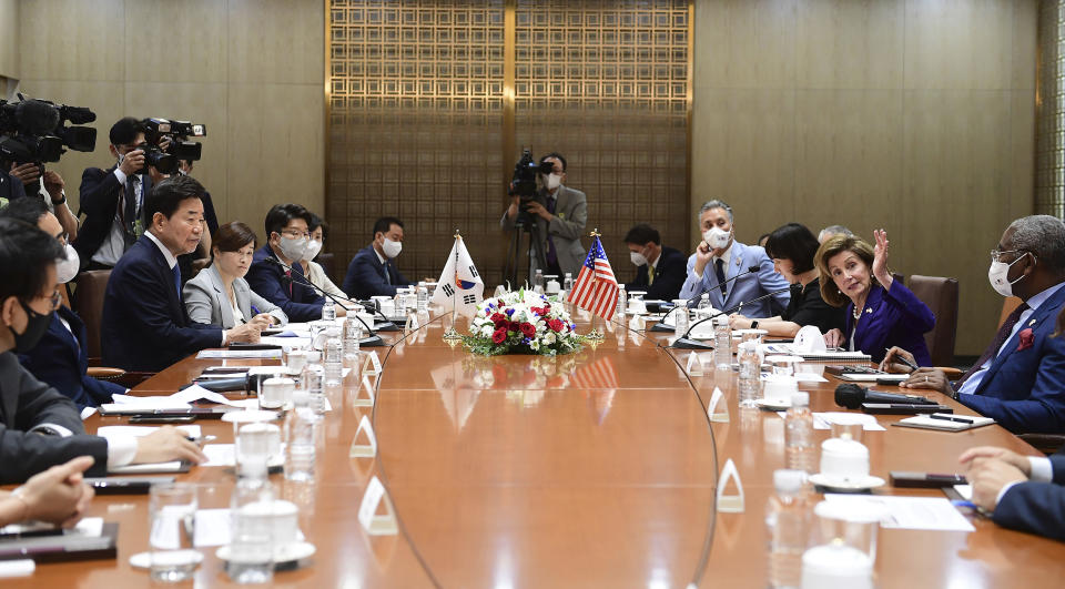 U.S. House Speaker Nancy Pelosi, second right, talks with South Korean National Assembly Speaker Kim Jin Pyo, third left, during their meeting at the National Assembly in Seoul, South Korea Thursday, Aug. 4, 2022. (Kim Min-Hee/Pool Photo via AP)