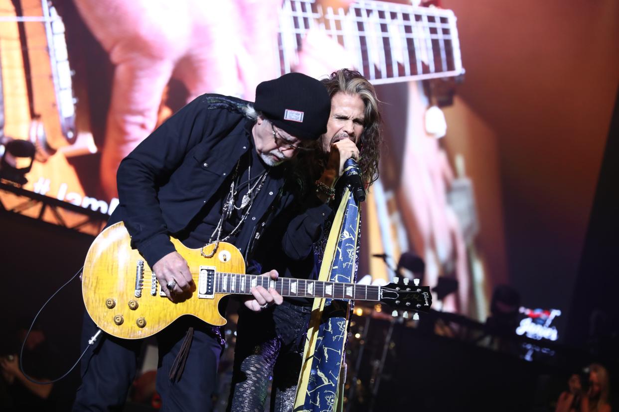 He and Aerosmith bandmate Brad Whitford perform at Tyler's GRAMMY Awards Viewing Party in Los Angeles on Feb. 10, 2019, for Janie's Fund, the frontman's charity to benefit girls who have dealt with abuse.