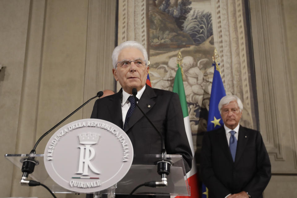 Italian President Sergio Mattarella meets reporters at Rome's Quirinale presidential palace, Thursday, Aug. 22, 2019. Mattarella continued receiving political leaders Thursday, to explore if a solid majority with staying power exists in Parliament for a new government that could win the required confidence vote. (AP Photo/Alessandra Tarantino)