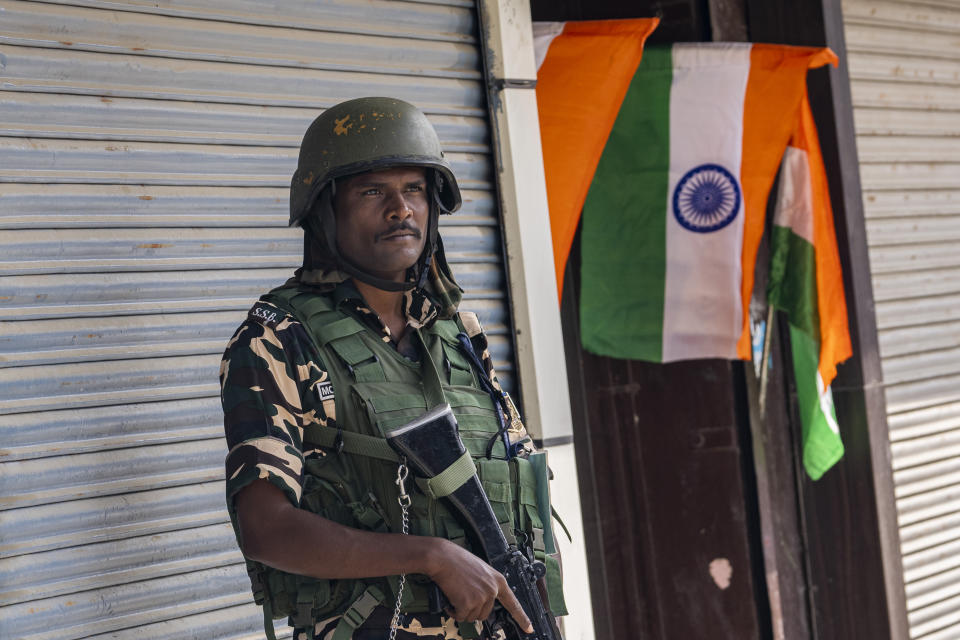 An Indian paramilitary soldier stands guard on the Independence Day in Srinagar, Indian controlled Kashmir, Tuesday, Aug. 15, 2023. Security has been beefed up in the region around the venues of India's Independence Day celebrations. (AP Photo/Dar Yasin)