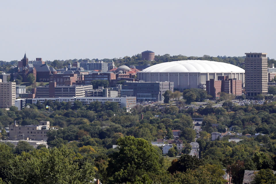 FILE - This Sept. 21, 2015, file photo, shows The Carrier Dome at Syracuse University in Syracuse, N.Y. The Carrier Dome at Syracuse University hosted its first football game 40 years ago this week, and it's undergoing a major upgrade as the football season opener looms. (AP Photo/Mike Groll, File)