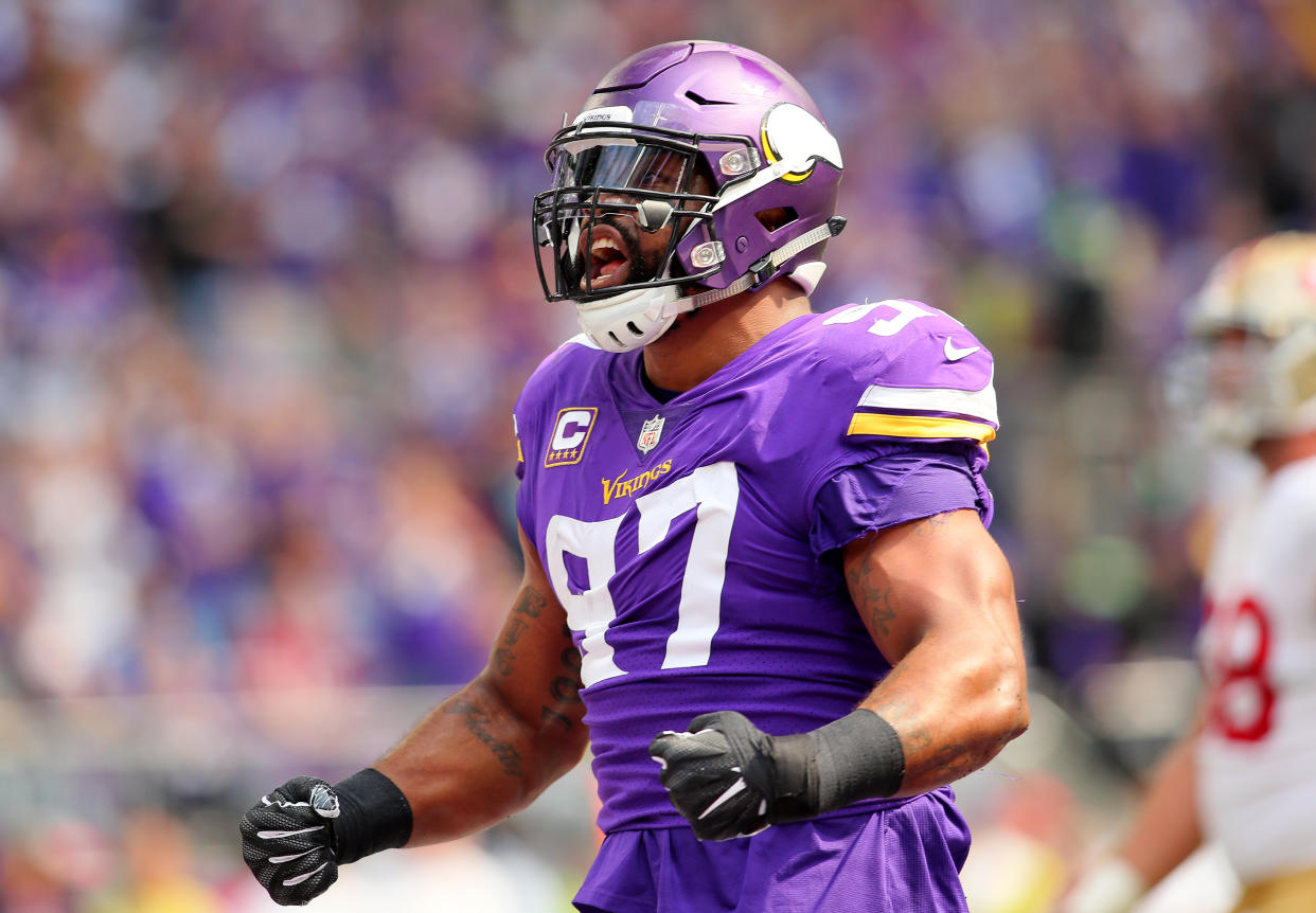 Minnesota Vikings defensive end Everson Griffen reportedly threatened to shoot someone at a downtown Minneapolis hotel last weekend, and has been absent from the team since. (Getty Images)