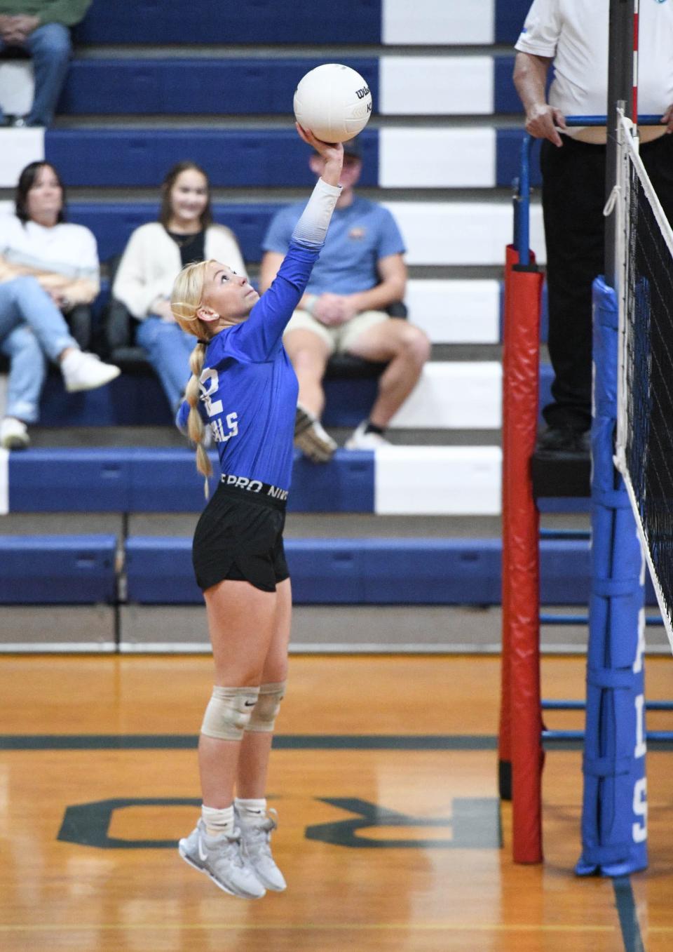 Carleigh Baker (12) plays the ball during the Baker vs Jay 1-1A District Tournament championship volleyball match at Jay High School on Thursday, Oct. 19, 2023.