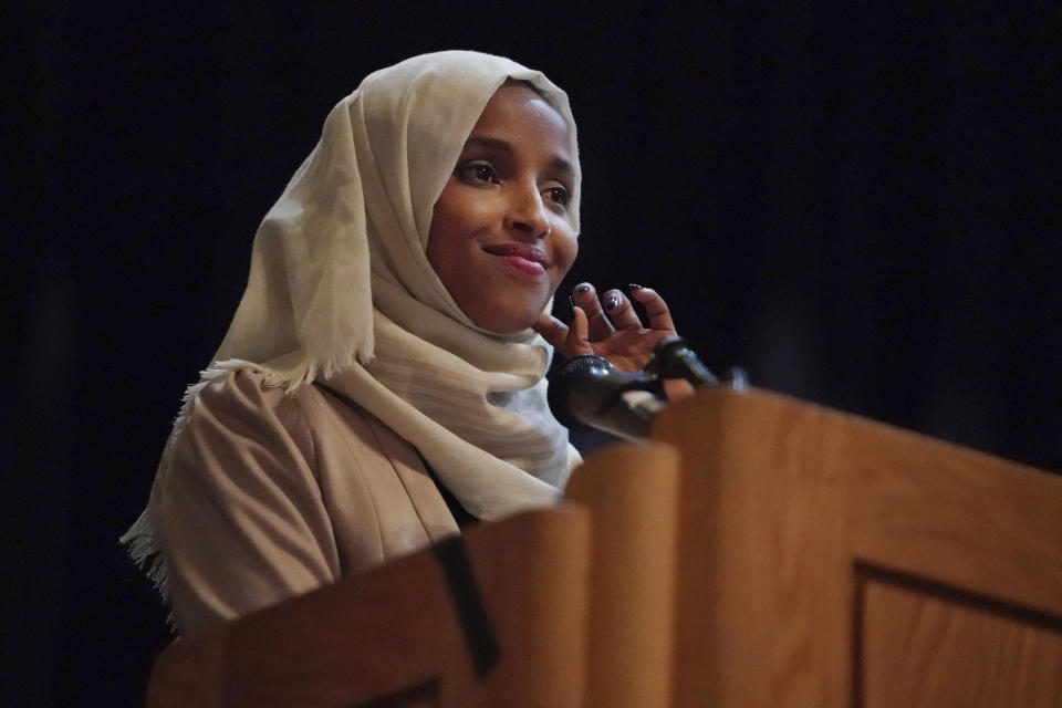 U.S. Rep. Ilhan Omar, D-Minn., holds a Medicare for All town hall with other lawmakers, Thursday, July 18, 2019, in Minneapolis. (Richard Tsong-Taatarii/Star Tribune via AP)