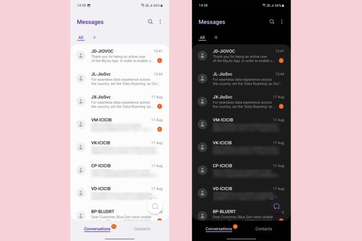 Samsung Messages light vs dark theme.