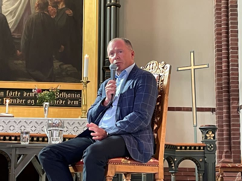 FILE PHOTO: Nicolai Tangen, CEO of Norges Bank Investment Management, speaks at Trinity Church in Arendal