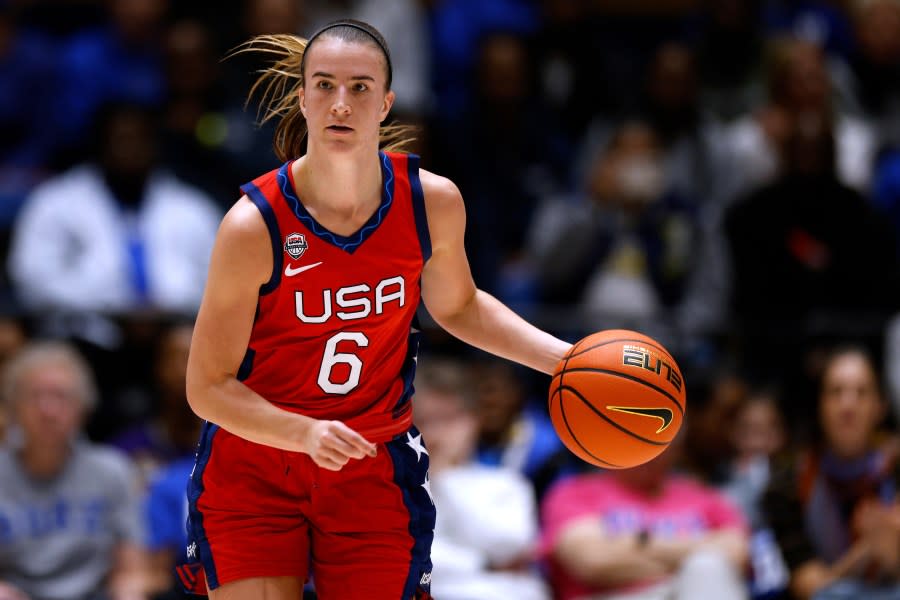 DURHAM, NORTH CAROLINA – NOVEMBER 12: Sabrina Ionescu #6 of the US National Team dribbles up court against the Duke Blue Devils during the second half of an exhibition game at Cameron Indoor Stadium on November 12, 2023 in Durham, North Carolina. The US National Team won 87-58. (Photo by Lance King/Getty Images)