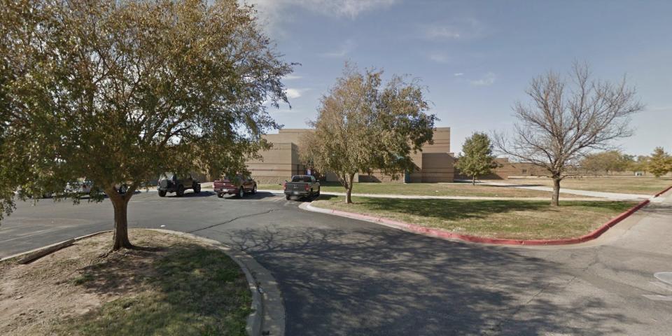 Derby High School, Wichita, viewed from the road on a sunny day.