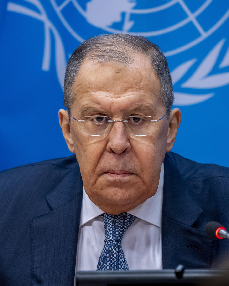 Russia Foreign Minister Sergey Lavrov speaks at a media briefing on Wednesday, Jan. 24, 2024, at United Nations Headquarters. (AP Photo/Peter K. Afriyie)