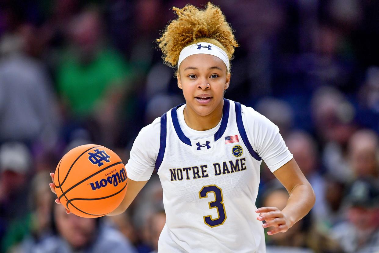 Nov 15, 2023; South Bend, Indiana, USA; Notre Dame Fighting Irish guard Hannah Hidalgo (3) dribbles in the second half against the Northwestern Wildcats at the Purcell Pavilion. Mandatory Credit: Matt Cashore-USA TODAY Sports