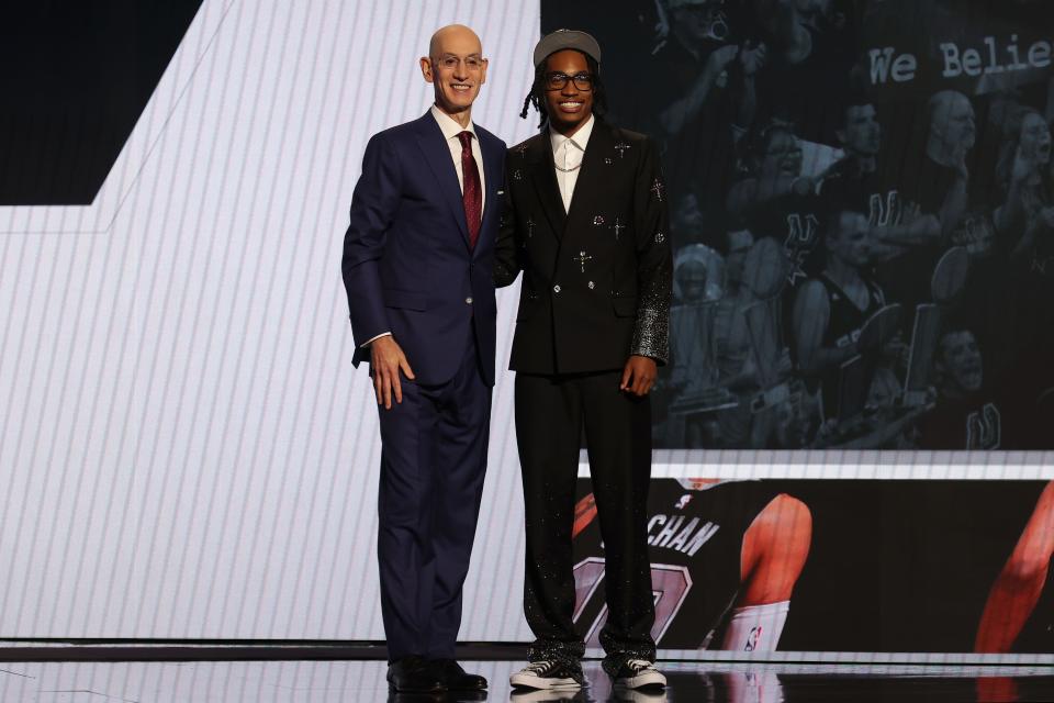 Jun 26, 2024; Brooklyn, NY, USA; Rob Dillingham shakes hands with NBA commissioner Adam Silver after being selected in the first round by the San Antonio Spurs in the 2024 NBA Draft at Barclays Center. Mandatory Credit: Brad Penner-USA TODAY Sports