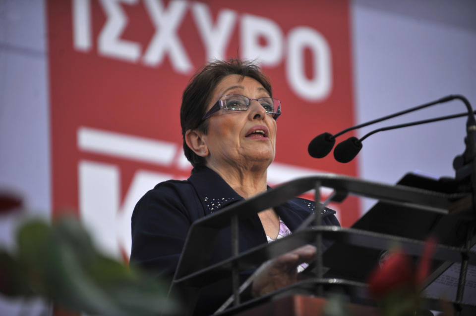 Leader of the Greek Communist party Aleka Papariga speaks during an election rally in the northern Greek city of Thessaloniki, on Thursday, June 14, 2012. Greece holds crucial new national elections on Sunday June 17, that could ultimately determine whether the deeply-indebted, recession bound country remains within the eurozone. First elections on May 6 resulted in a hung parliament.(AP Photo/Nikolas Giakoumidis)