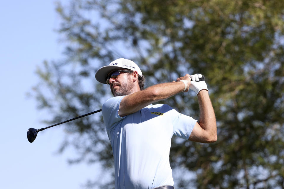 FILE - Lanto Griffin follows through with his tee shot on the 18th hole during the first day of the Shriners Children's Open golf tournament, Thursday, Oct. 12, 2023, in Las Vegas. Griffin doesn't mind star players getting more money. But he thinks they shouldn't be rewarded with more FedEx Cup points.(AP Photo/Ian Maule, File)