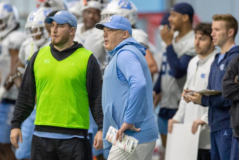 North Carolina defensive coordinator Geoff Collins during the Tar Heels’ scrimmage on Thursday, April 11, 2024 in Chapel Hill, N.C. Robert Willett/rwillett@newsobserver.com